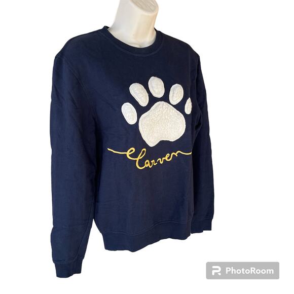 Carven Pullover Lightweight Sweatshirt Paw Print Sherpa Fleece Navy S Unisex - Picture 2 of 9